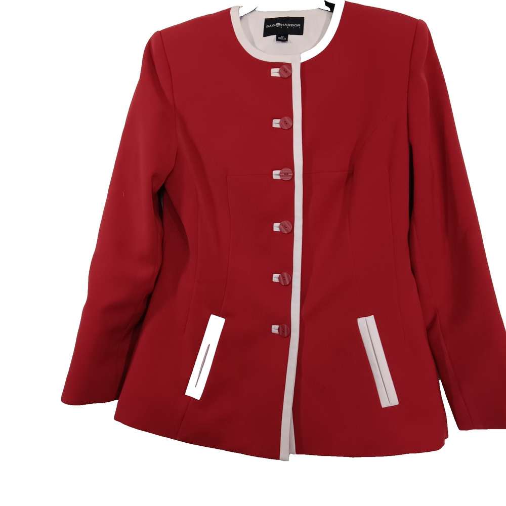 Sag Harbor Women's 2Pc Jacket & Skirt Suit Red w/White Trim, Sz 10, Lined, Chic - Picture 10 of 16